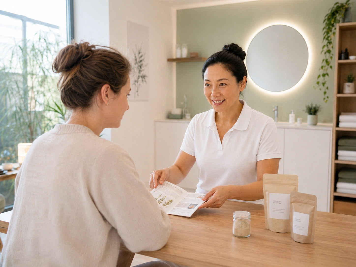 Beratung zur Kräutertherapie am Besprechungstisch im Akupunktur Zentrum Münchenbuchsee
